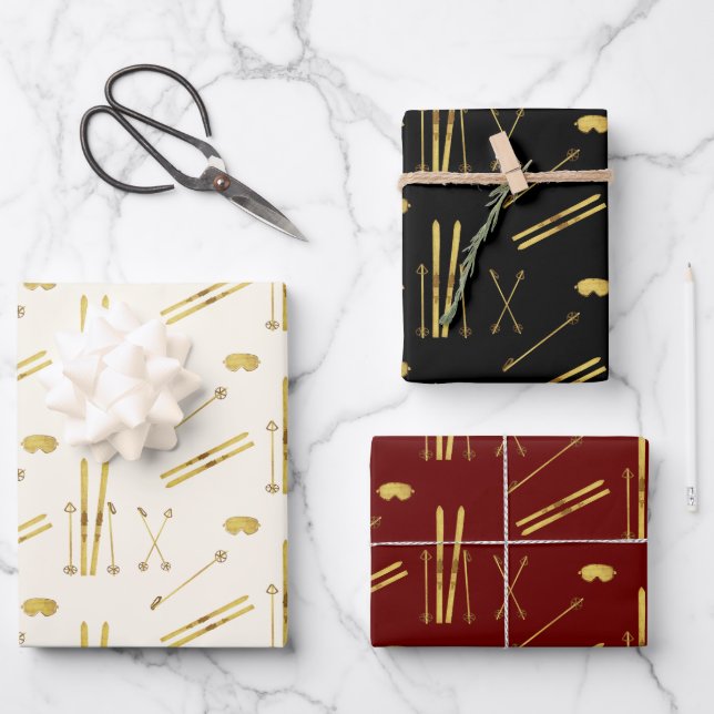 Gold Skis And Poles | Holiday Ski Pattern  Wrapping Paper Sheet (Front)