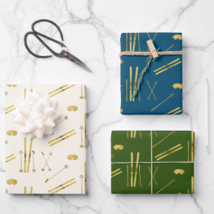 Gold Skis And Poles Holiday Ski Pattern Wrapping Paper Sheet
