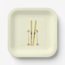 Gold Skis And Poles | Retro Ski Illustration Cream