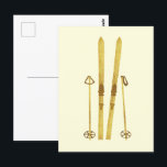 Gold Skis And Poles | Retro Ski Illustration Cream Postcard<br><div class="desc">Modern Alpine ski, skiing, skier-themed design with gold skis and gold poles. Simple festive holiday gold ski illustration for ski lovers.</div>