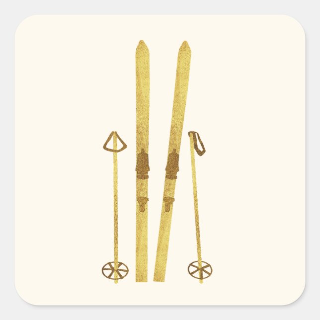 Gold Skis And Poles | Retro Ski Illustration Cream Square Sticker (Front)