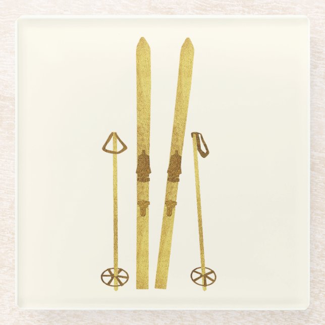 Gold Skis And Poles | Retro Ski Illustration Glass Coaster (Front)