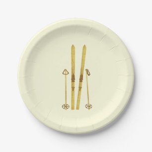 Gold Skis And Poles Retro Ski Illustration Paper Plate