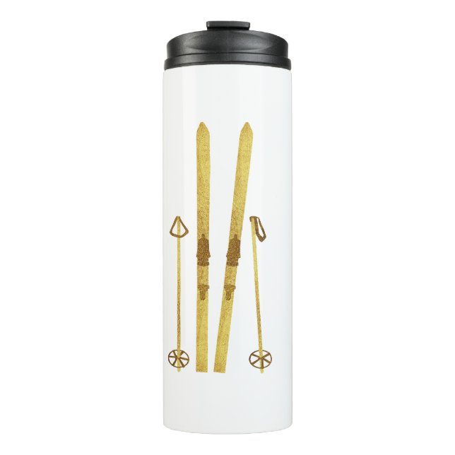 Gold Skis And Poles | Retro Ski Illustration Thermal Tumbler (Front)