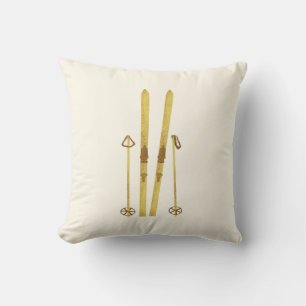 Gold Skis And Poles   Retro Ski Illustration Throw Pillow