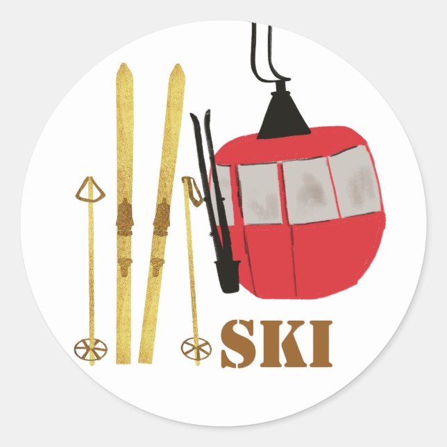 Gold Skis And Poles | Retro Ski Lift Holiday Classic Round Sticker (Front)
