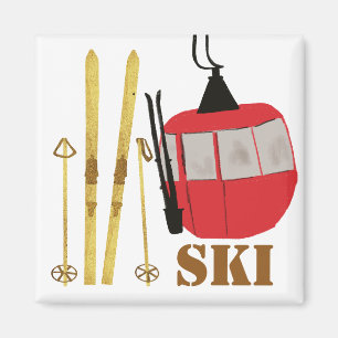 Gold Skis And Poles   Retro Ski Lift Holiday Magnet