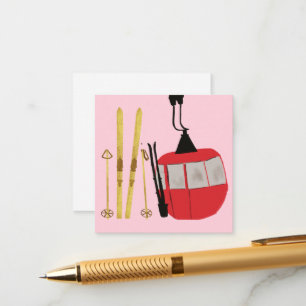 Gold Skis And Poles   Retro Ski Lift Holiday Pink Enclosure Card