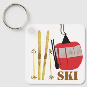 Gold Skis And Poles   Retro Ski Lift Holiday Pink Keychain