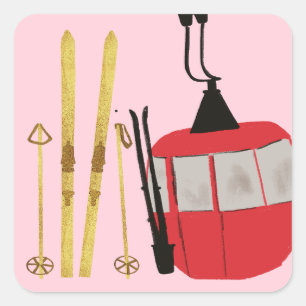 Gold Skis And Poles   Retro Ski Lift Holiday Pink Square Sticker
