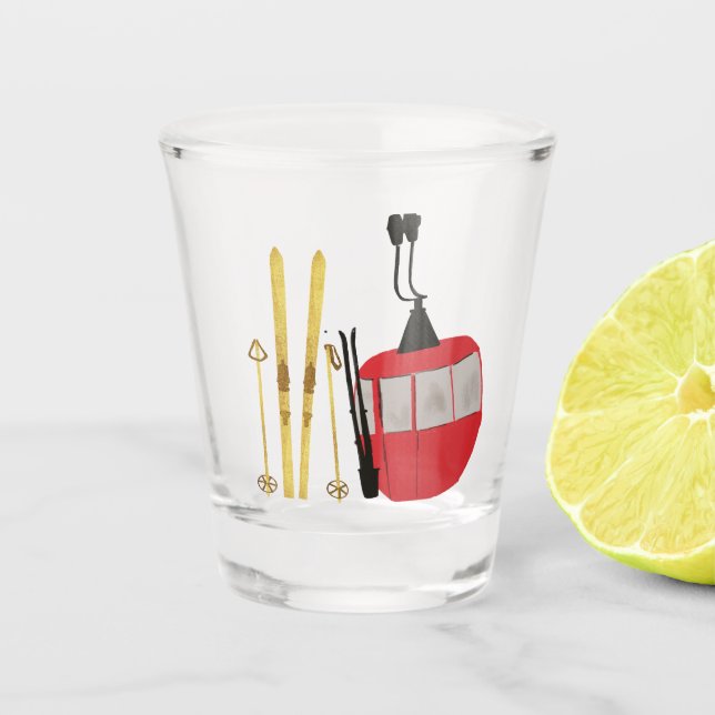 Gold Skis And Poles | Retro Ski Lift Holiday Shot Glass (Front)