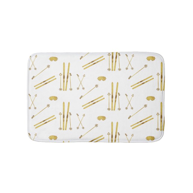 Gold Skis And Poles | Retro Ski Pattern  Bath Mat (Front)