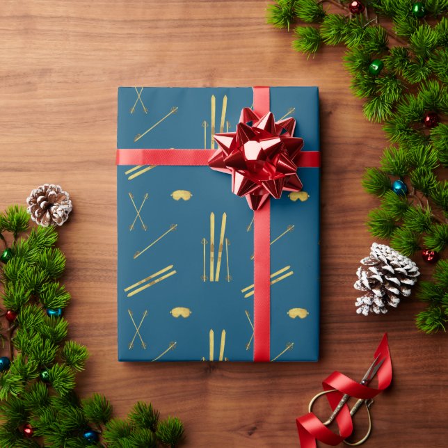 Gold Skis And Poles | Retro Ski Pattern Blue Wrapping Paper (Holiday Gift)