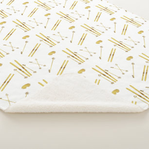 Gold Skis And Poles Retro Ski Pattern Sherpa Blanket