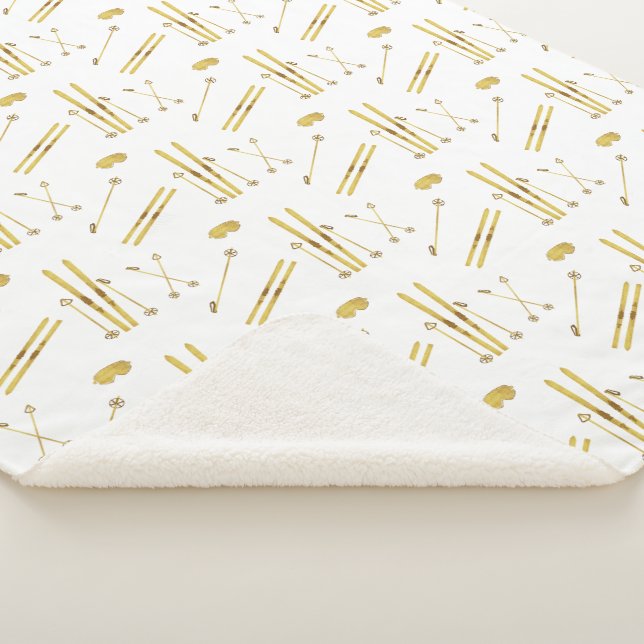 Gold Skis And Poles | Retro Ski Pattern  Sherpa Blanket (3/4)