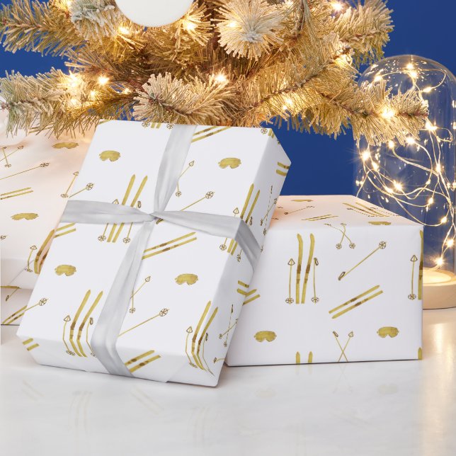 Gold Skis And Poles | Retro Ski Pattern  Wrapping Paper (Holidays)