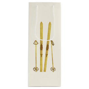 Gold Skis & Poles Retro Ski Illustration Holiday Wine Gift Bag