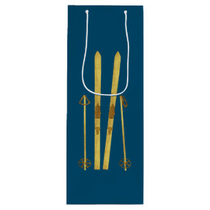 Gold Skis & Poles Retro Ski Illustration Holiday Wine Gift Bag