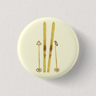 Gold Skis Poles   Vintage Ski Illustration Cream 1 Inch Round Button