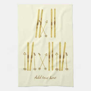 Gold Skis Poles   Vintage Ski Illustration Cream Kitchen Towel
