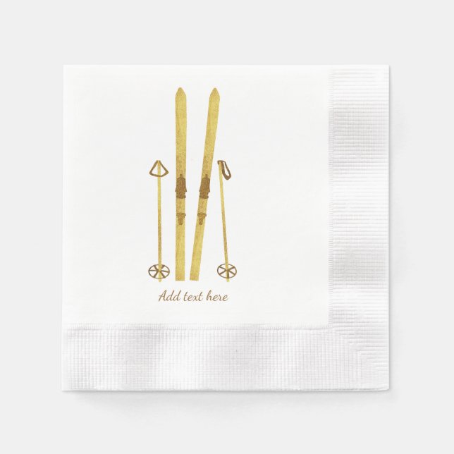 Gold Skis Poles | Vintage Ski Illustration Cream Napkin (Front)