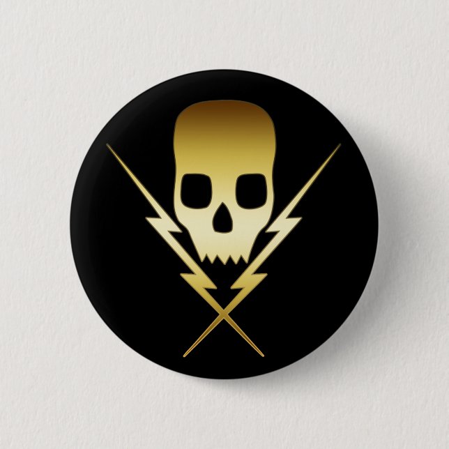 GOLD SKULL AND LIGHTNING BOLTS 2 INCH ROUND BUTTON (Front)