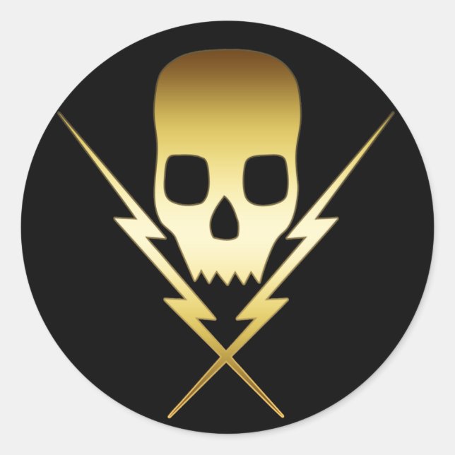 GOLD SKULL AND LIGHTNING BOLTS CLASSIC ROUND STICKER (Front)