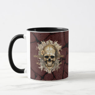 Gold skull mug with grunge background 