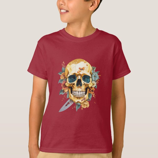 Gold skull with a knife and a flower T-Shirt (Front)