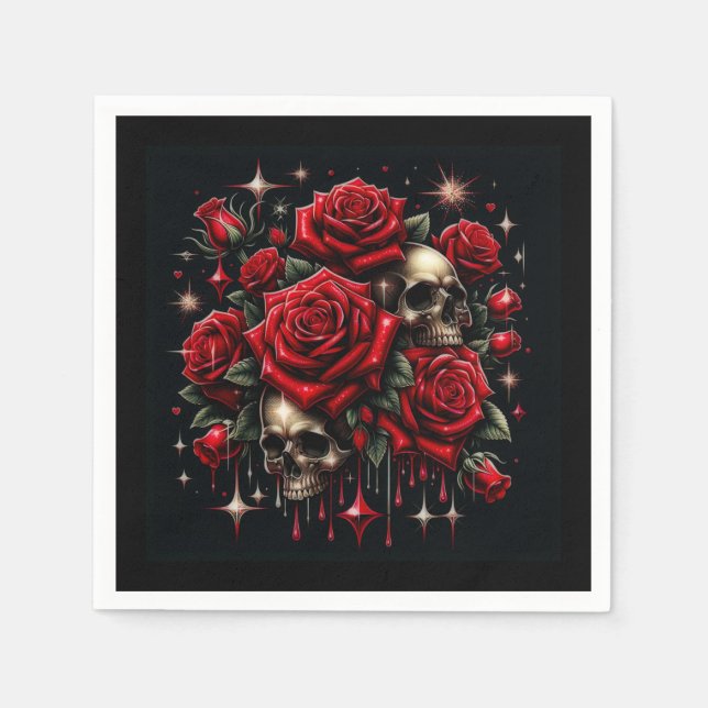 Gold Skulls & Red Roses Sparkle Gothic Glamour Napkin (Front)
