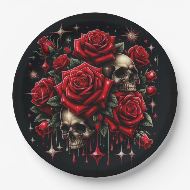 Gold Skulls & Red Roses Sparkle Gothic Glamour Paper Plate (Front)