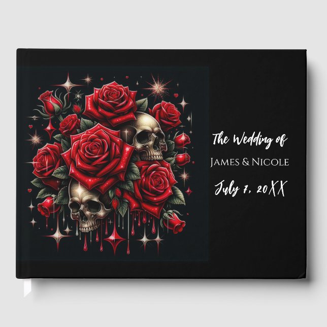 Gold Skulls & Red Roses Sparkle Gothic Wedding Guest Book (Front)