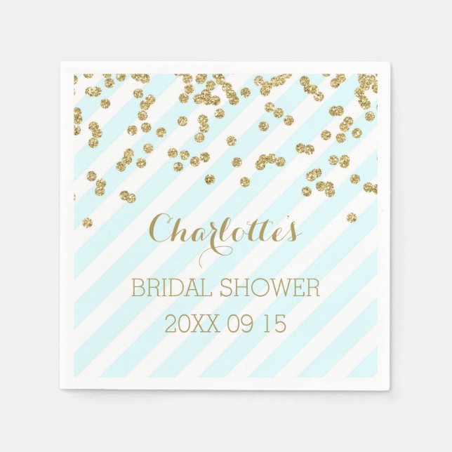 Gold Sky Blue Confetti Stripes Bridal Shower Napkin (Front)