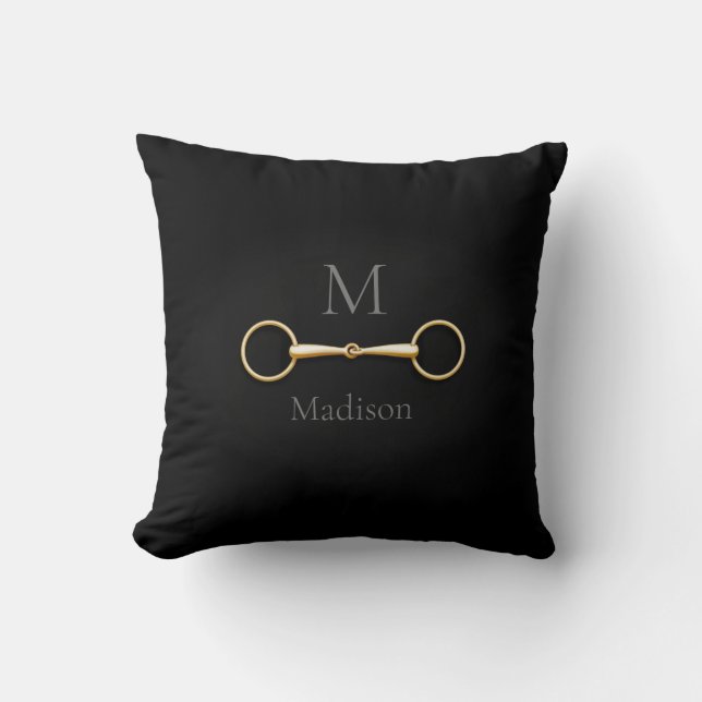 Gold Snaffle Bit Monogrammed Equestrian Throw Pillow (Front)