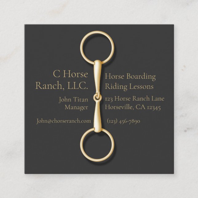 Gold Snaffle Bit on Black Equestrian Industry Square Business Card (Front)