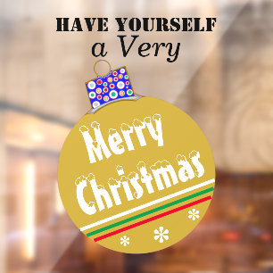 Gold Snow Capped Ornament Green Red Stripes Window Cling