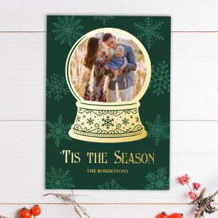 Gold Snow Globe Custom Photo Christmas Foil Holiday Card