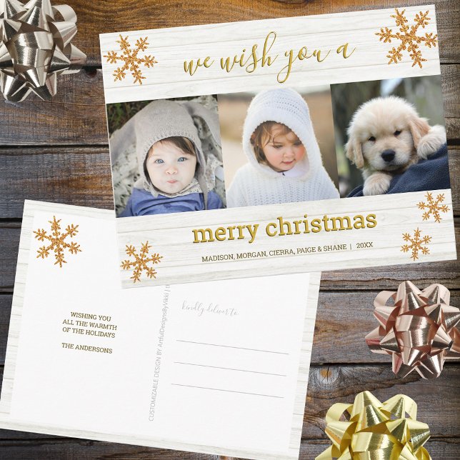 Gold Snowflake 3 Photo Merry Christmas Postcard (Creator Uploaded)