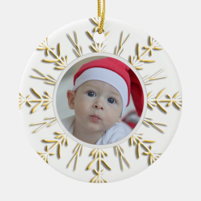 Gold Snowflake Baby's 1st Christmas Photo Ceramic Ornament (Front)
