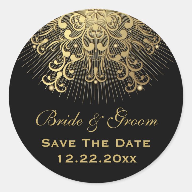 Gold snowflake black winter wedding Save the Date Classic Round Sticker (Front)