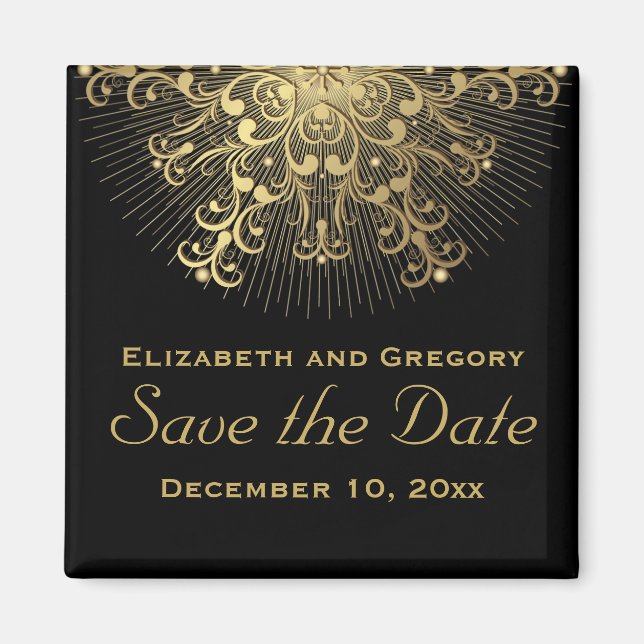 Gold snowflake black winter wedding Save the Date Magnet (Front)
