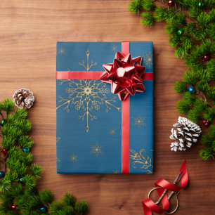 Gold Snowflake Blue Metallic Wrapping Paper
