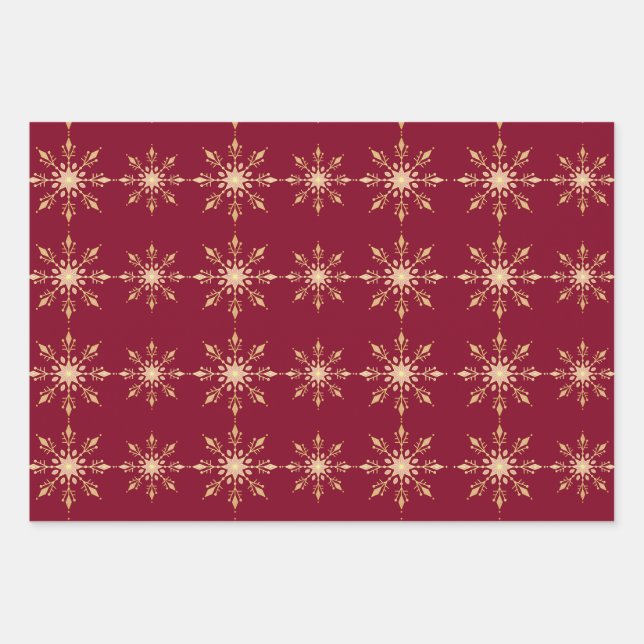Gold Snowflake Blue Red Green Christmas Pattern Wrapping Paper Sheet (Front)