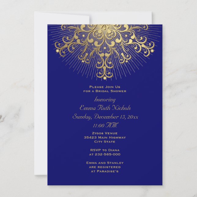 Gold snowflake blue winter wedding bridal shower invitation (Front)