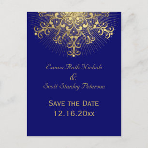 Gold snowflake blue winter wedding Save the Date Announcement Postcard