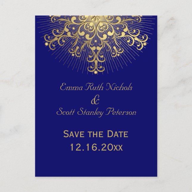 Gold snowflake blue winter wedding Save the Date Announcement Postcard (Front)