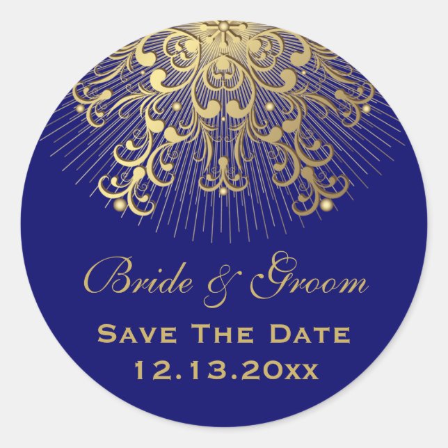 Gold snowflake blue winter wedding Save the Date Classic Round Sticker (Front)