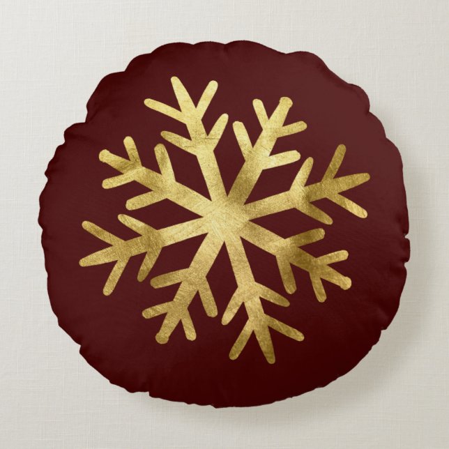 Gold Snowflake Christmas Round Pillow (Front)