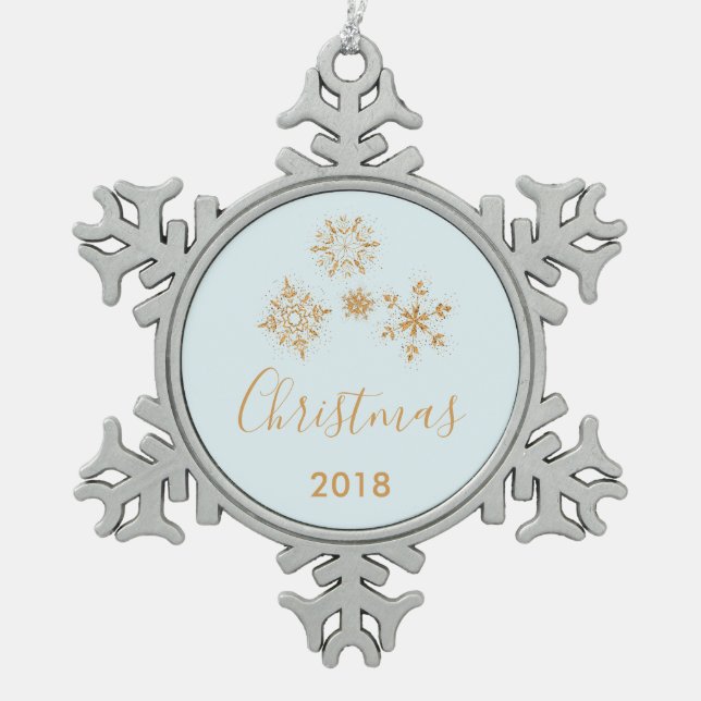 Gold Snowflake Crystals on Frosty Blue - Christmas Snowflake Pewter Christmas Ornament (Front)