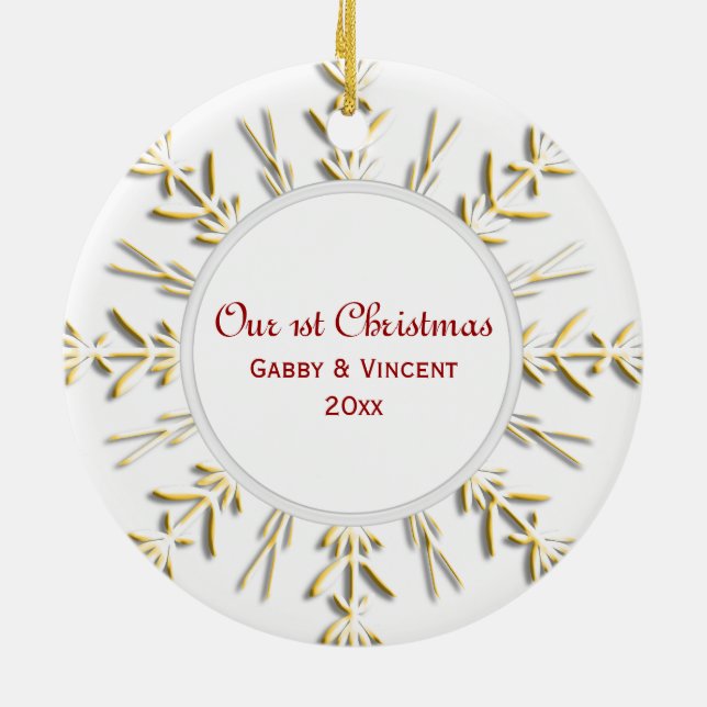 Gold Snowflake First Christmas Photo Ceramic Ornament (Back)